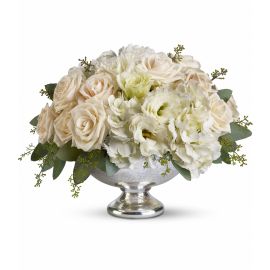 Straight From the Heart Bouquet with crème roses, white hydrangea, and lisianthus in Mercury Glass Bowl