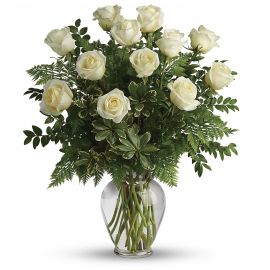 Valentine Delight Bouquet with one dozen white roses and fresh greens