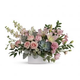 Hi Beautiful Bouquet with pale pink roses and lilies in a white square vase